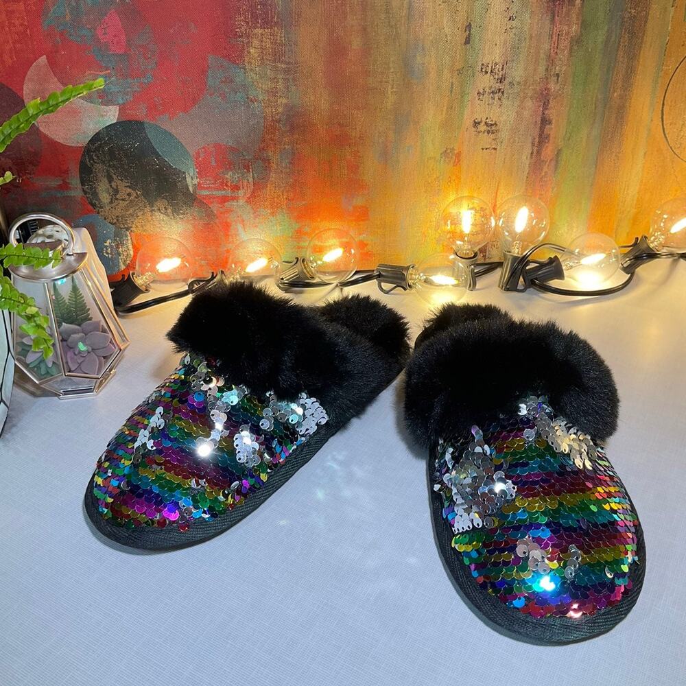 Comfy Slippers, Cute, Faux Fur, Rainbow